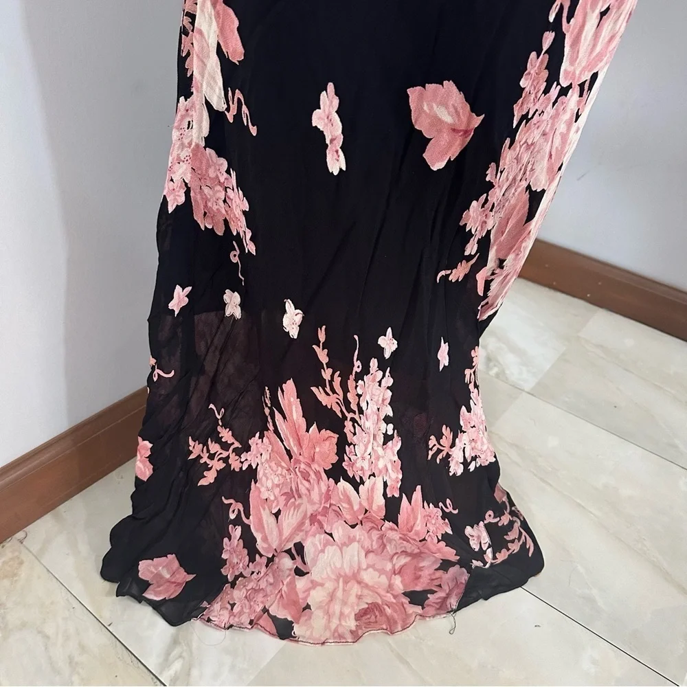 Vintage Y2K Floral Black Flowy Maxi Dress Whimsigoth Resort Formal Evening Bloom - Picture 12 of 15